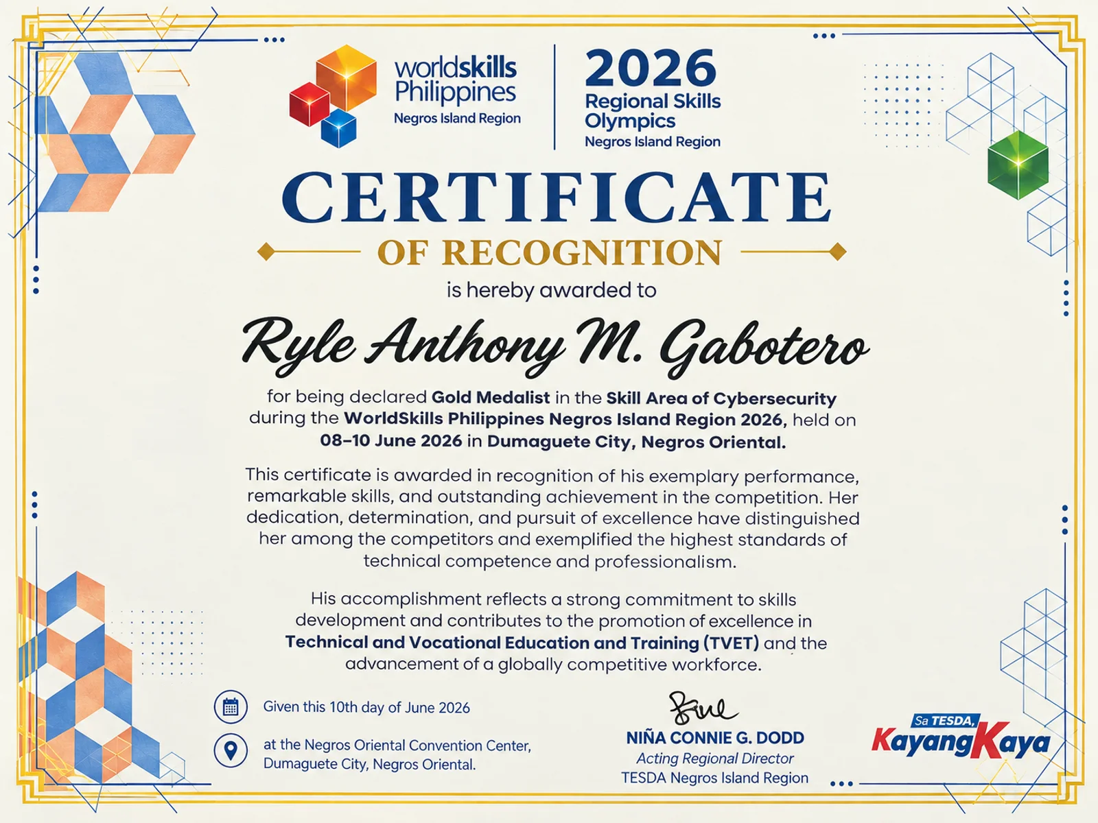 WorldSkills regional gold medal certificate in Cybersecurity